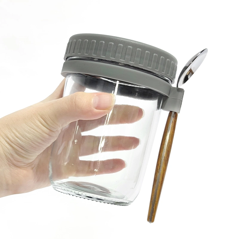 12oz Reusable Glass Mason Jar Portable Glass Salad Jar Overnight Oatmeal Cup with Plastic Sealed Lid and Spoon