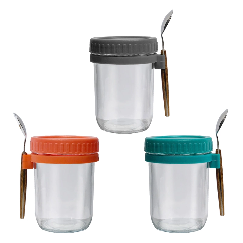 12oz Reusable Glass Mason Jar Portable Glass Salad Jar Overnight Oatmeal Cup with Plastic Sealed Lid and Spoon